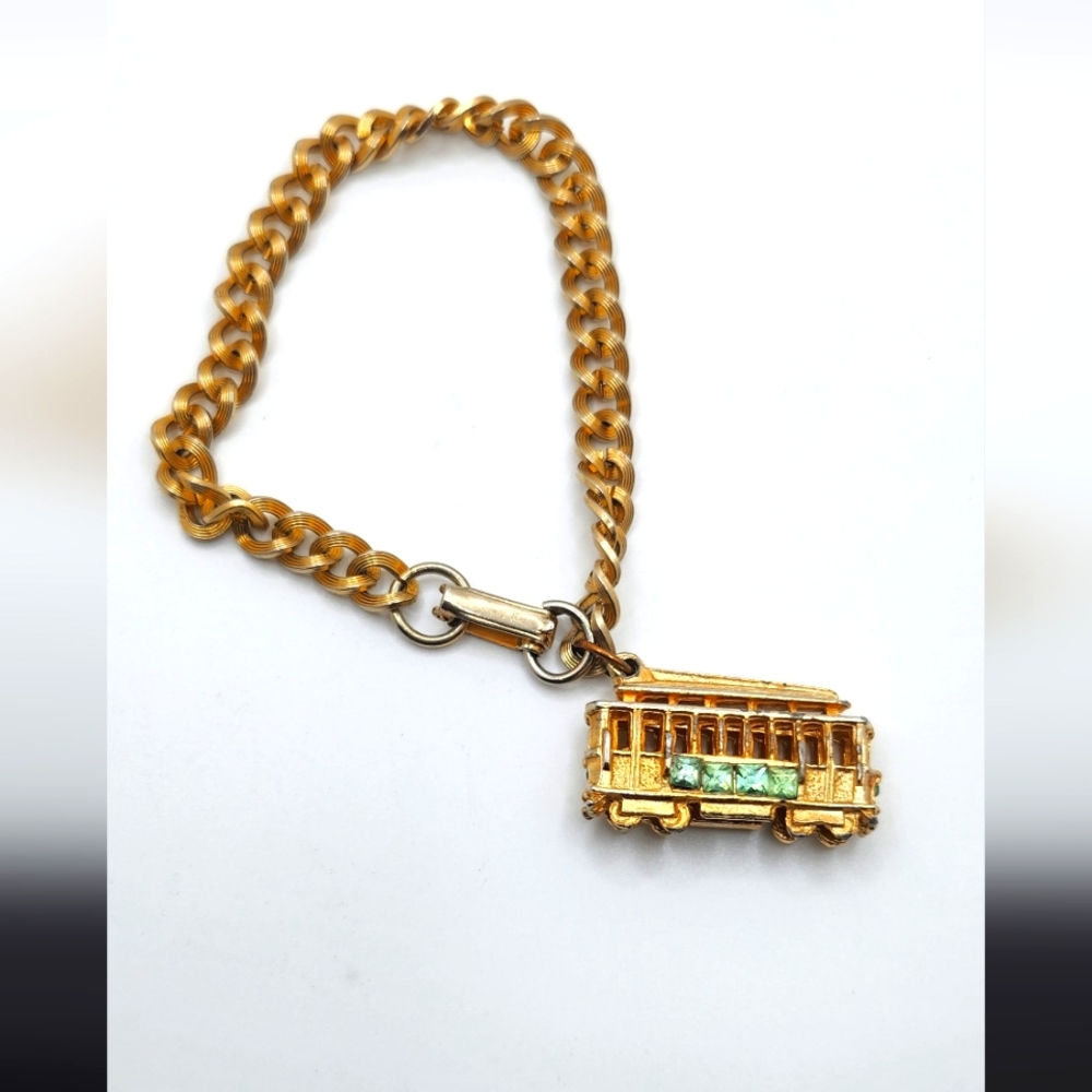 Mechanical Trolley Cable Car Charm Bracelet – Mid Century Gold Tone Rhinestone